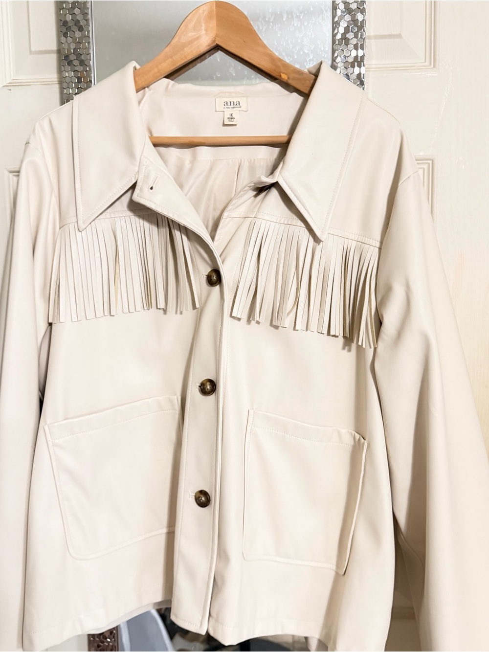 a.n.a Cream Fringe Faux-Leather Button Jacket